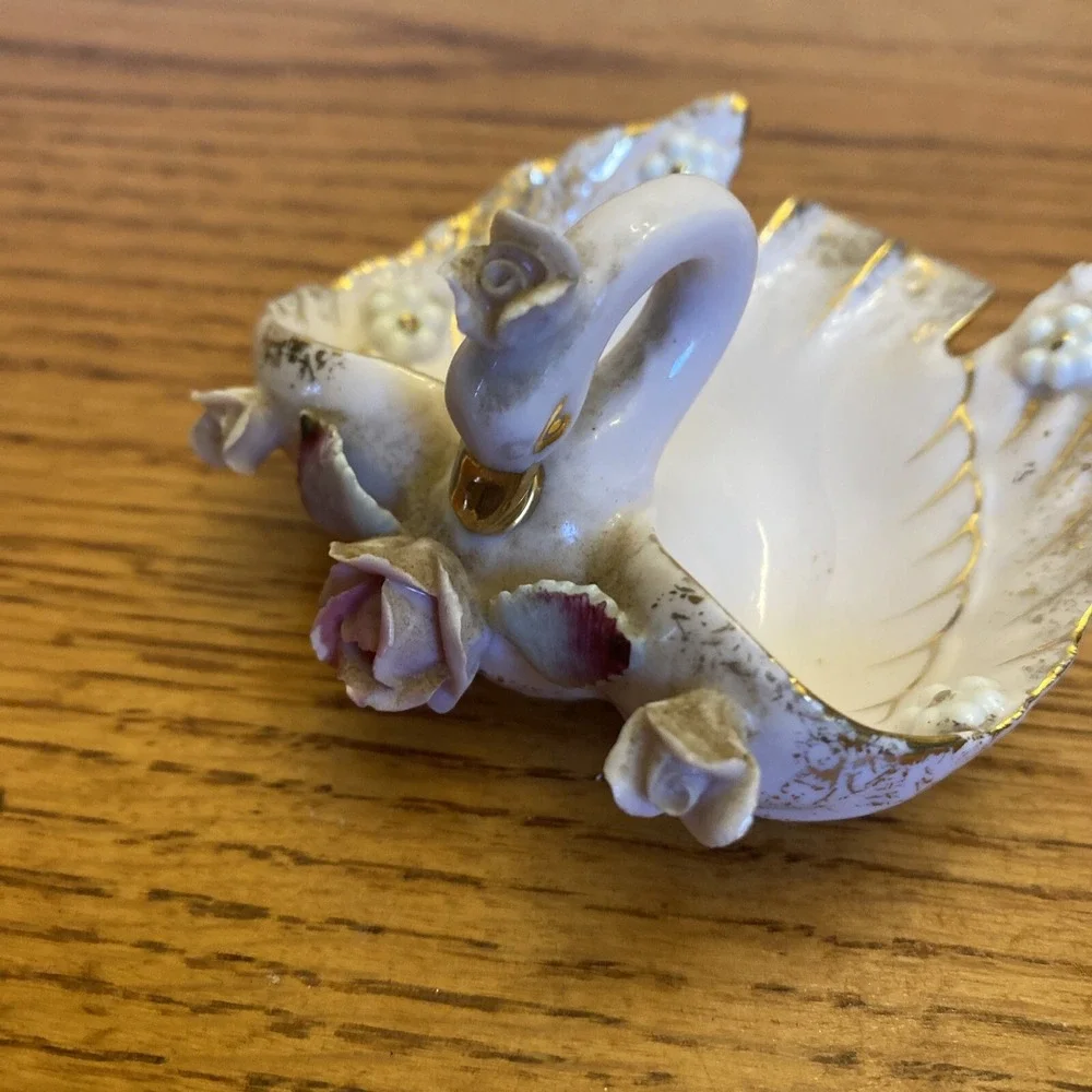 Vintage Lefton Porcelain Pink  Gilded‎ Gold Swan Trinket Dish Roses BEAUTIFUL